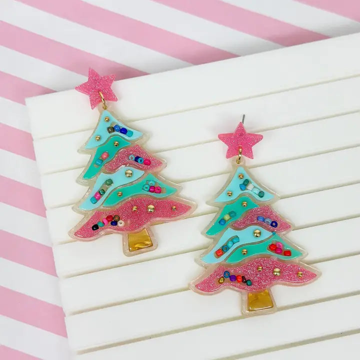 Resin Christmas Tree Earrings - Mint & Pink