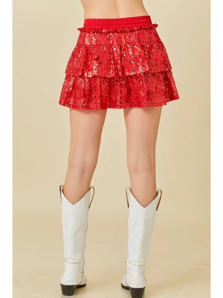 Sequin Ruffled Skort - Red