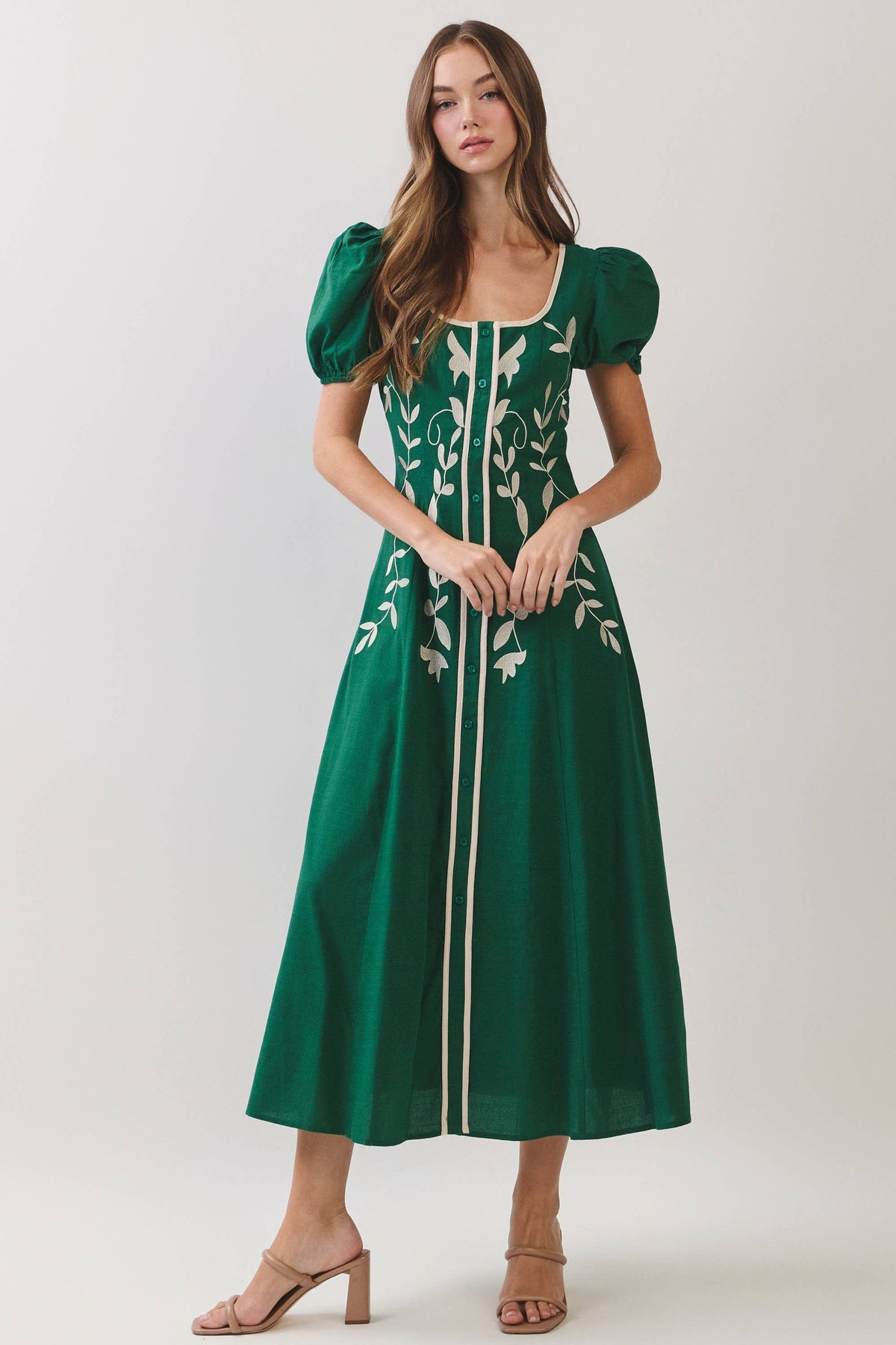 Puff Sleeve Midi Dress - Green