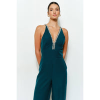 Crystal Trim Jumpsuit - Emerald
