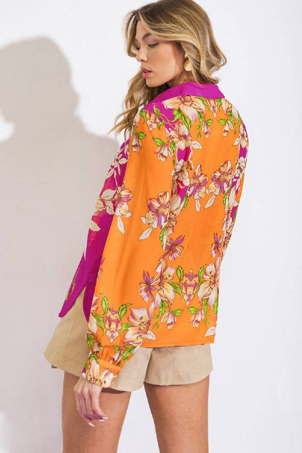 Floral Button Up Blouse - Orange