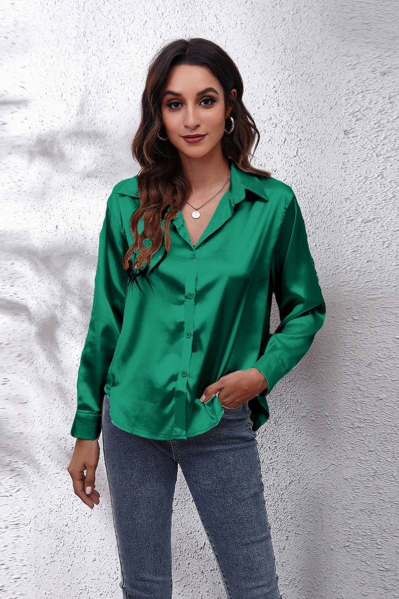 Satin Button Down Blouse - Green