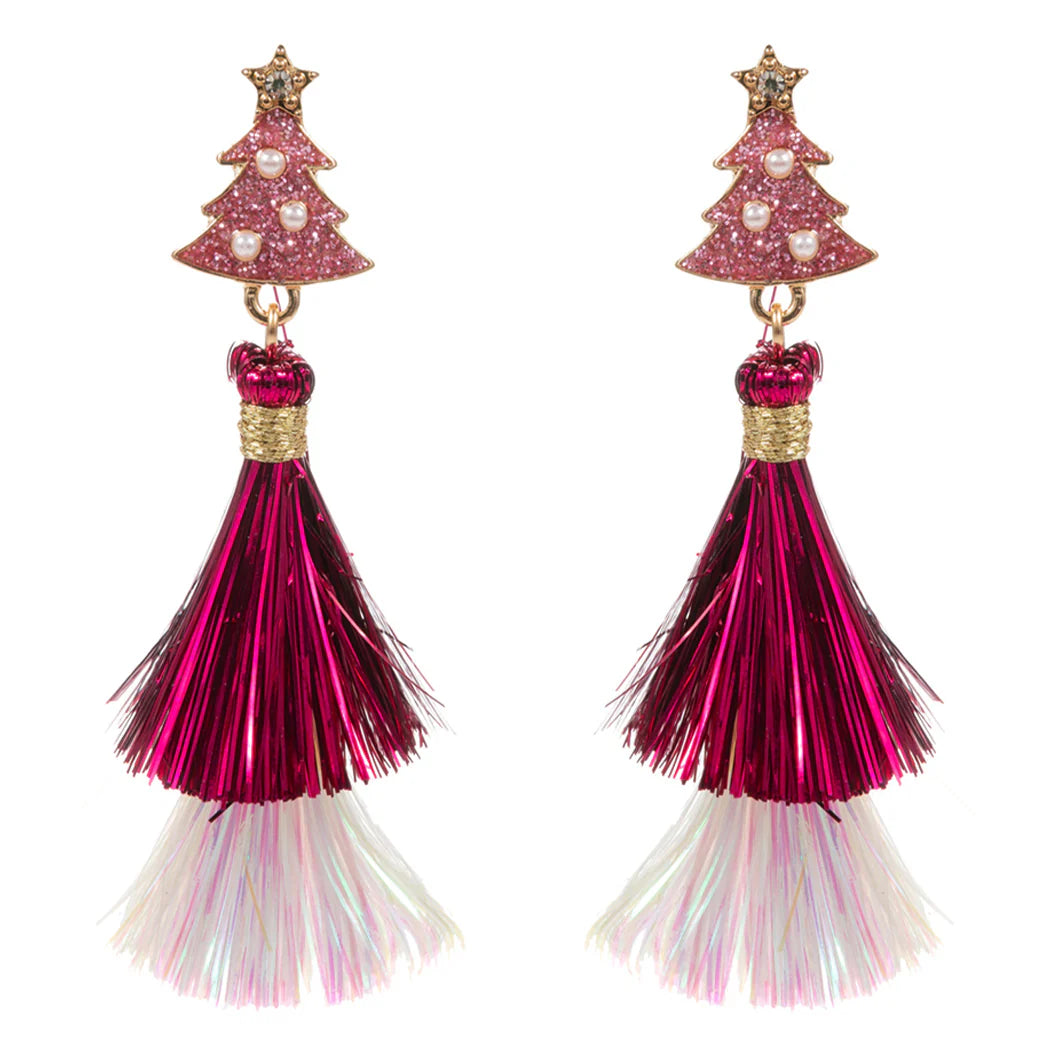 Christmas Tree Fringe Earrings - Pink