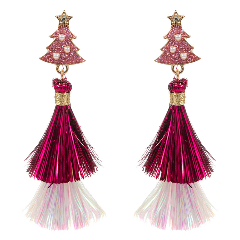 Christmas Tree Fringe Earrings - Pink