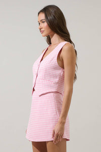 Kassy Checker Button Up Vest - Pink