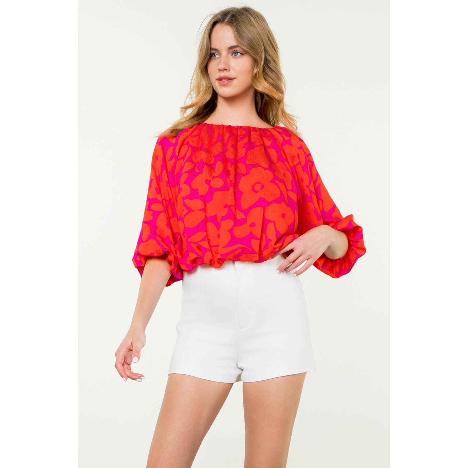 Floral Balloon Sleeve Blouse - Red
