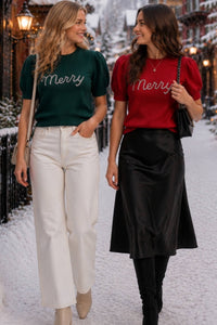 Rhinestone Merry Puff Sleeve Sweater - Green
