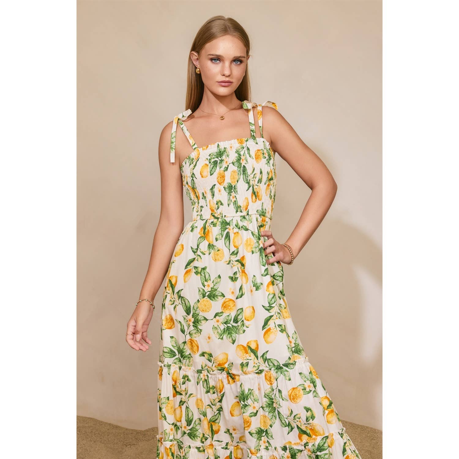 Lemon Tie Shoulder Tiered Dress
