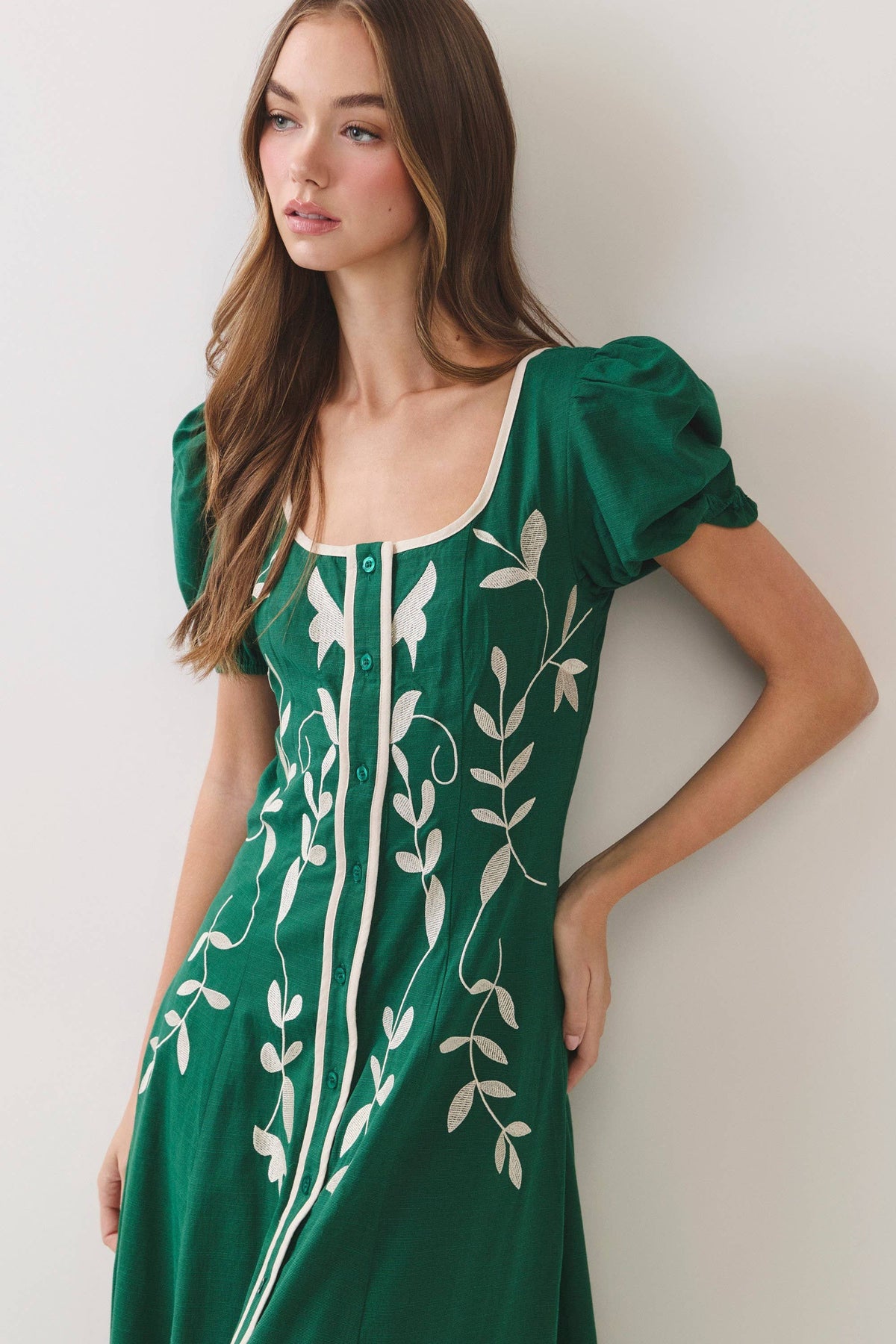 Puff Sleeve Midi Dress - Green