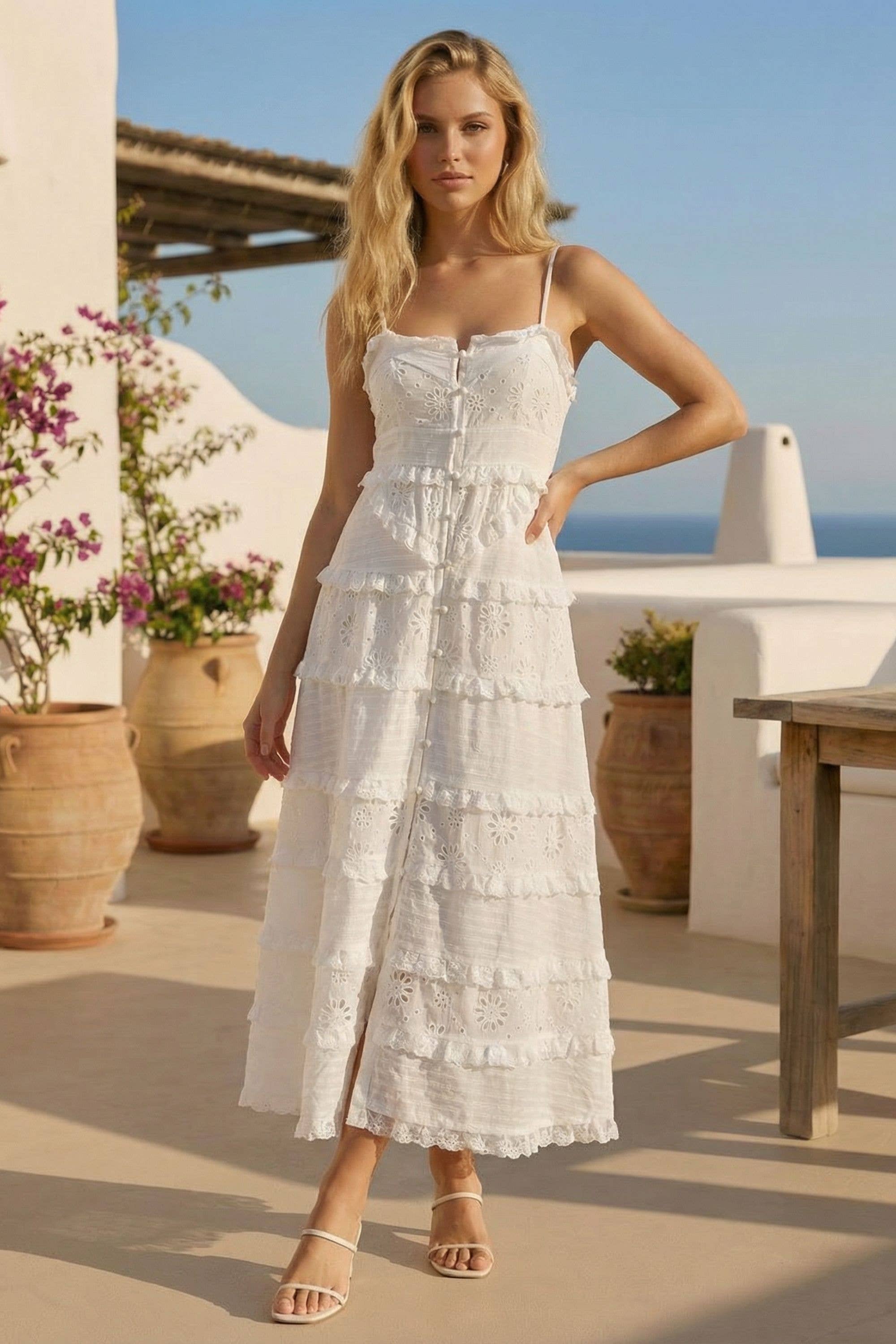 Eyelet Tiered Mini Dress - White