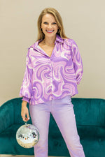 Retro Reverie Balloon-Sleeve Blouse - Purple Satin