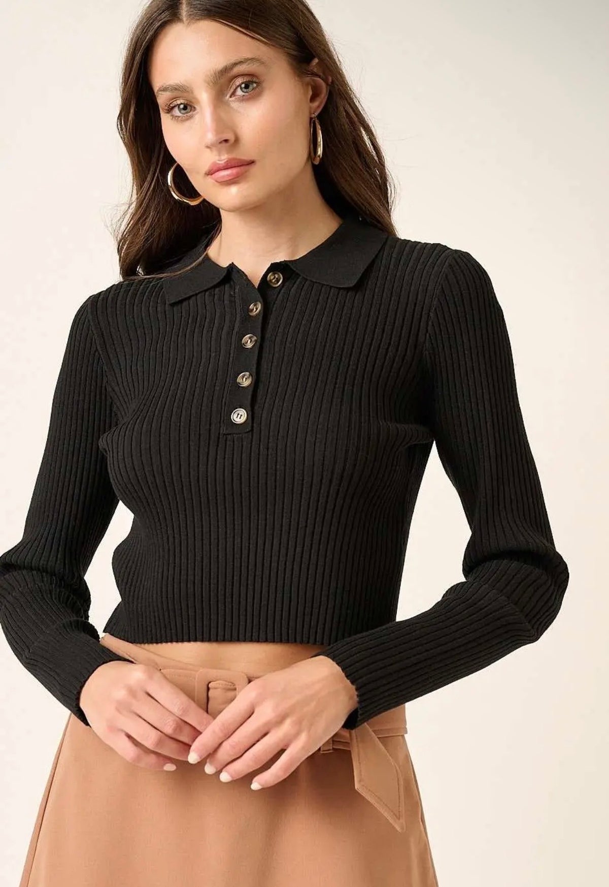 Polo Knit Cropped Top - Black