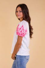 White Top With Pink Eyelet Sleeves