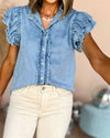 Denim Ruffle Raw Edge Top