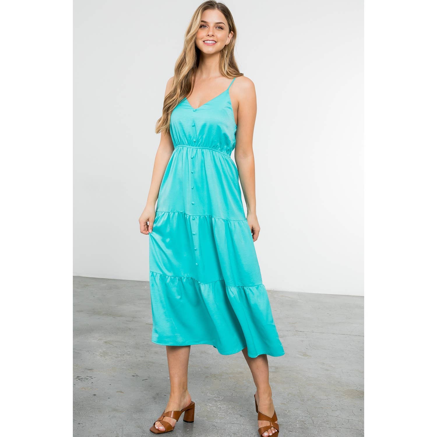 Button Up Tiered Maxi Dress - Aqua