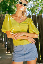 Puff Sleeve Knit Blouse - Lime