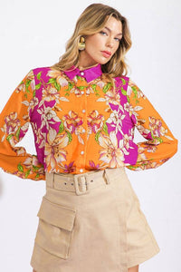 Floral Button Up Blouse - Orange