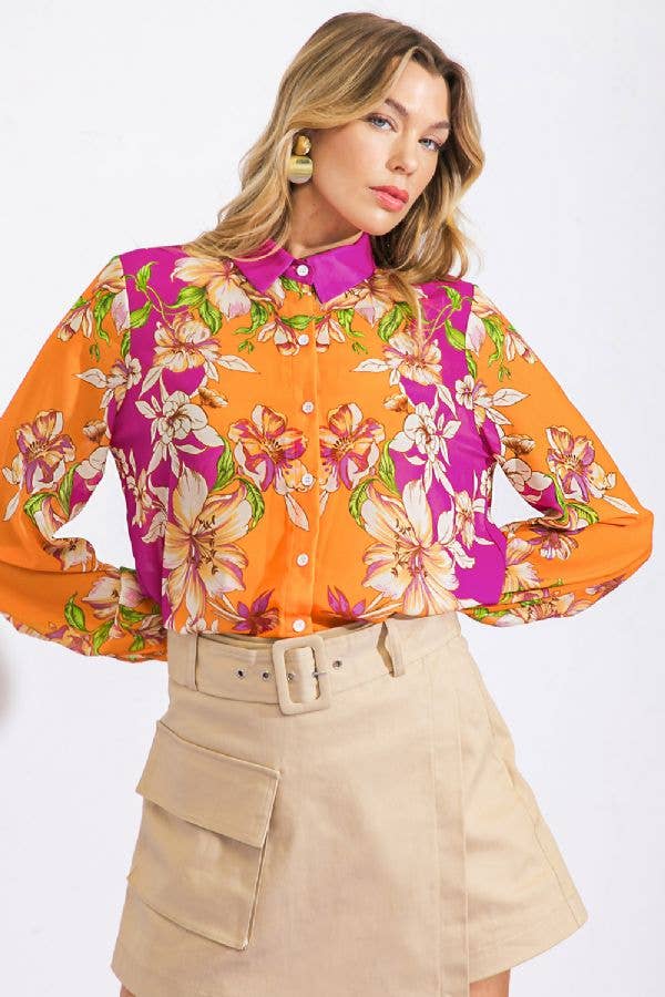 Floral Button Up Blouse - Orange