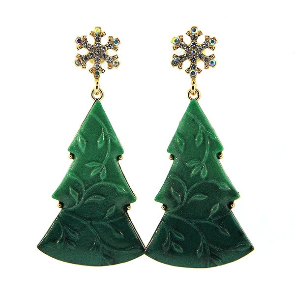 Christmas Tree Earrings with Snowflake Stud Post - Green