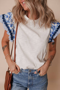 Floral Striped Sleeve Blouse - Blue