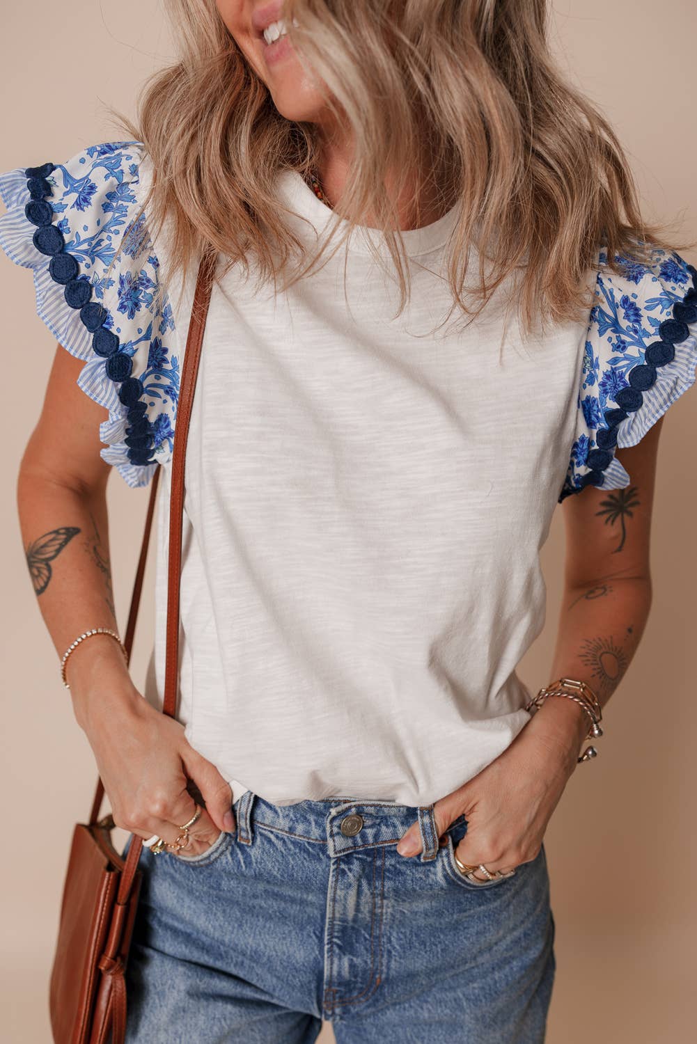 Floral Striped Sleeve Blouse - Blue