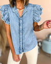 Denim Ruffle Raw Edge Top