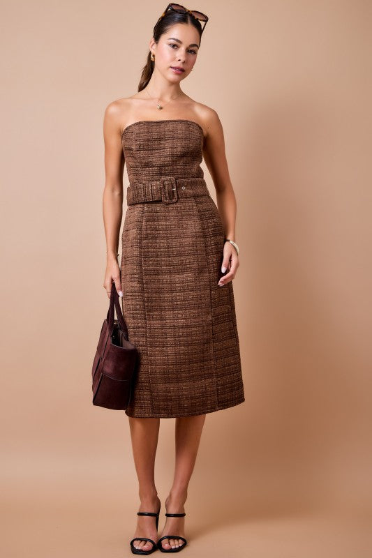 Strapless Tweed Midi Dress - Espresso