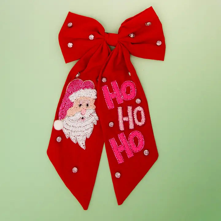 Ho Ho Ho Beaded Hair Bow - Red/Pink