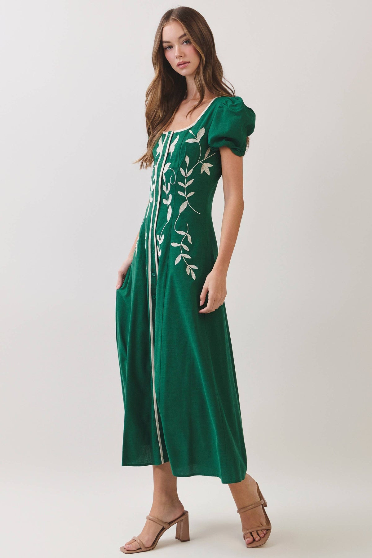 Puff Sleeve Midi Dress - Green
