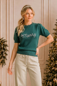 Rhinestone Merry Puff Sleeve Sweater - Green