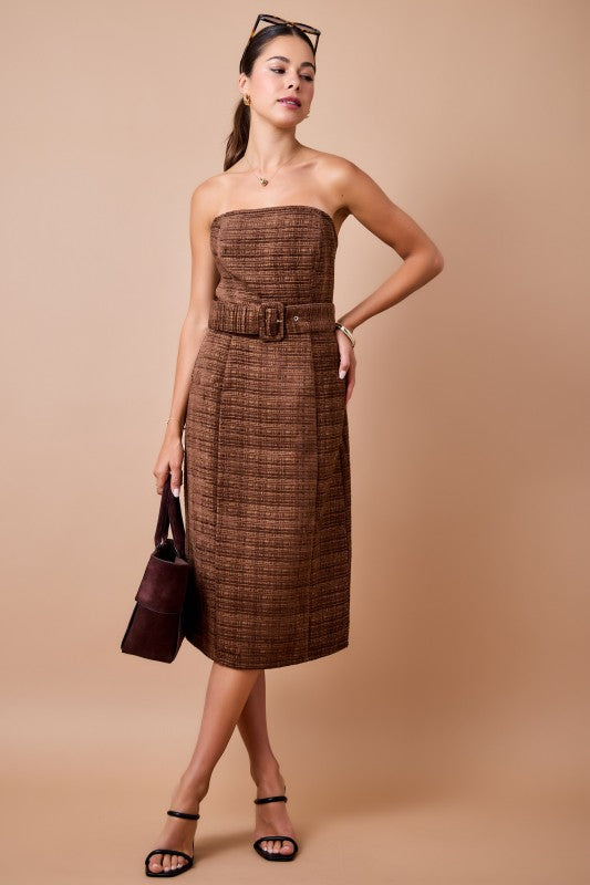 Strapless Tweed Midi Dress - Espresso