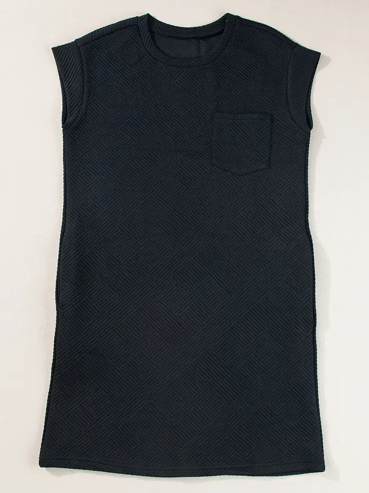 Textured Cap Sleeve T-shirt Dress - Black