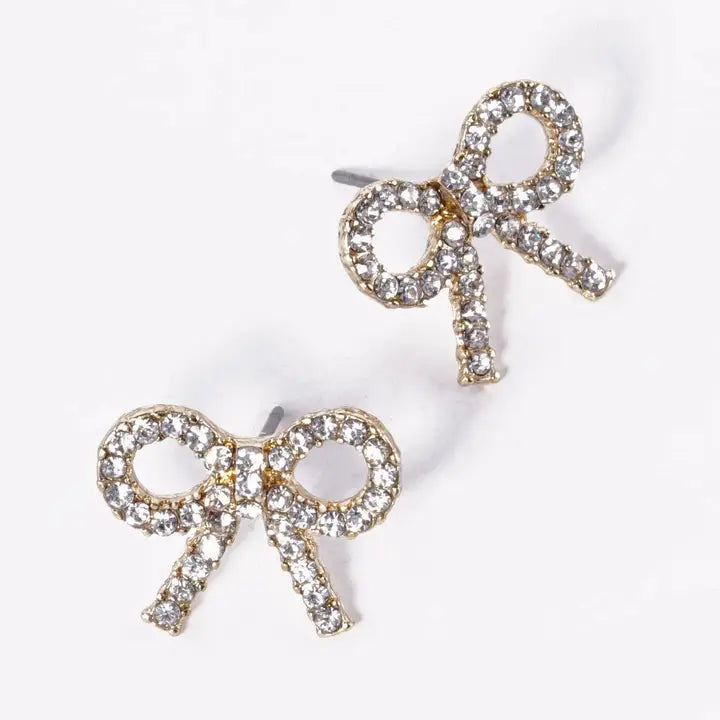 Rhinestone Bow Earrings - Silver