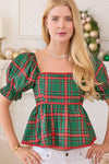 Plaid Lace Trim Baby Doll Puff Sleeve Top - Hunter Green