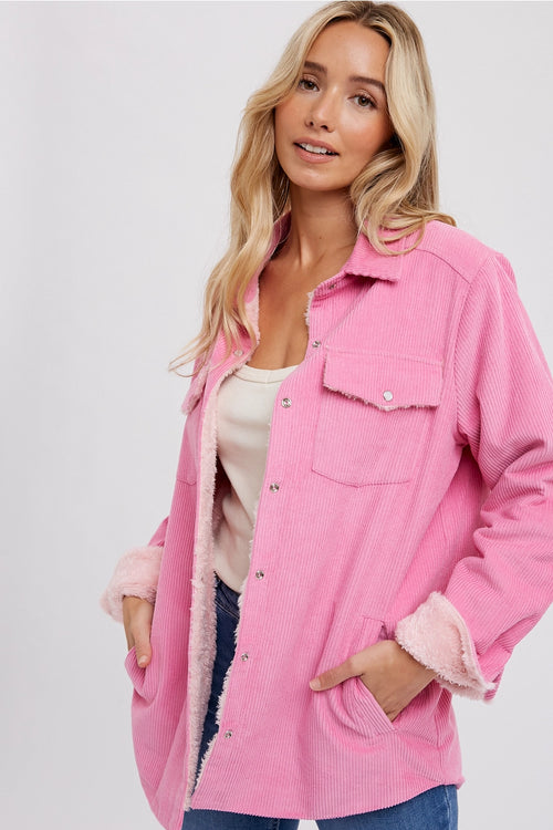 Corduroy Button Up Shacket - Pink