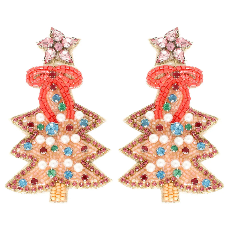 Christmas Tree Beaded Earrings - Pink