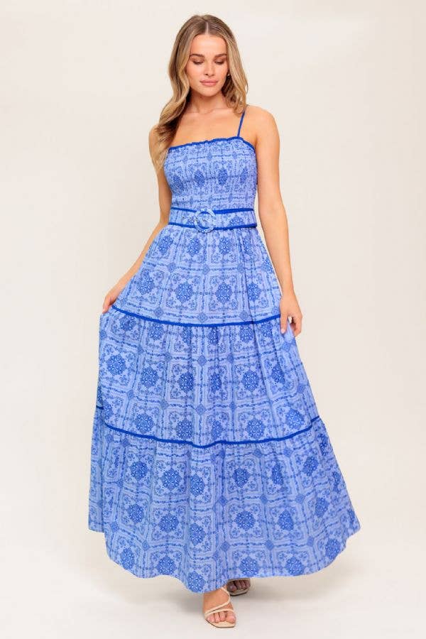 Belted Woven Maxi Dress - Blue