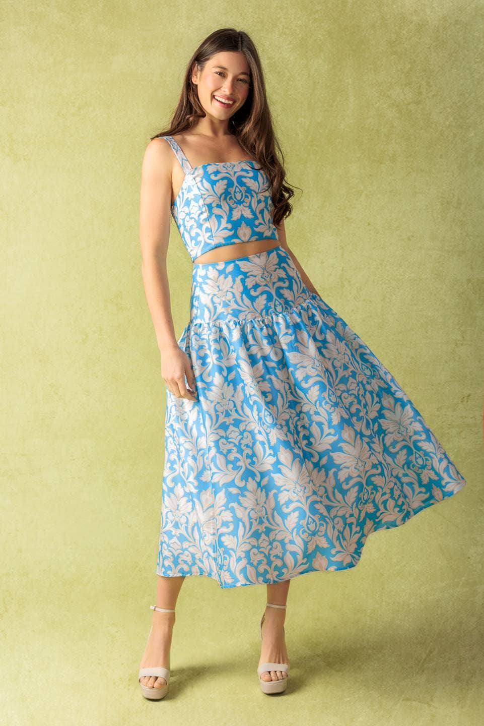 Floral Woven Midi Skirt - Blue Ivory