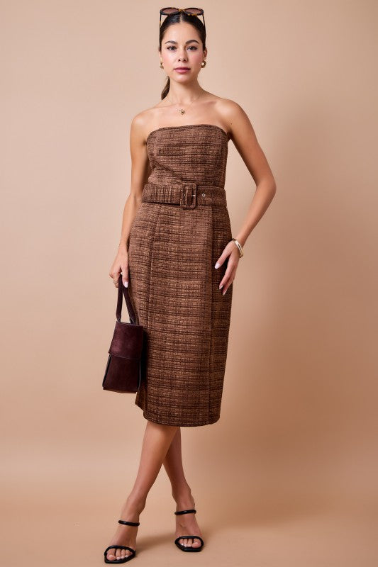 Strapless Tweed Midi Dress - Espresso