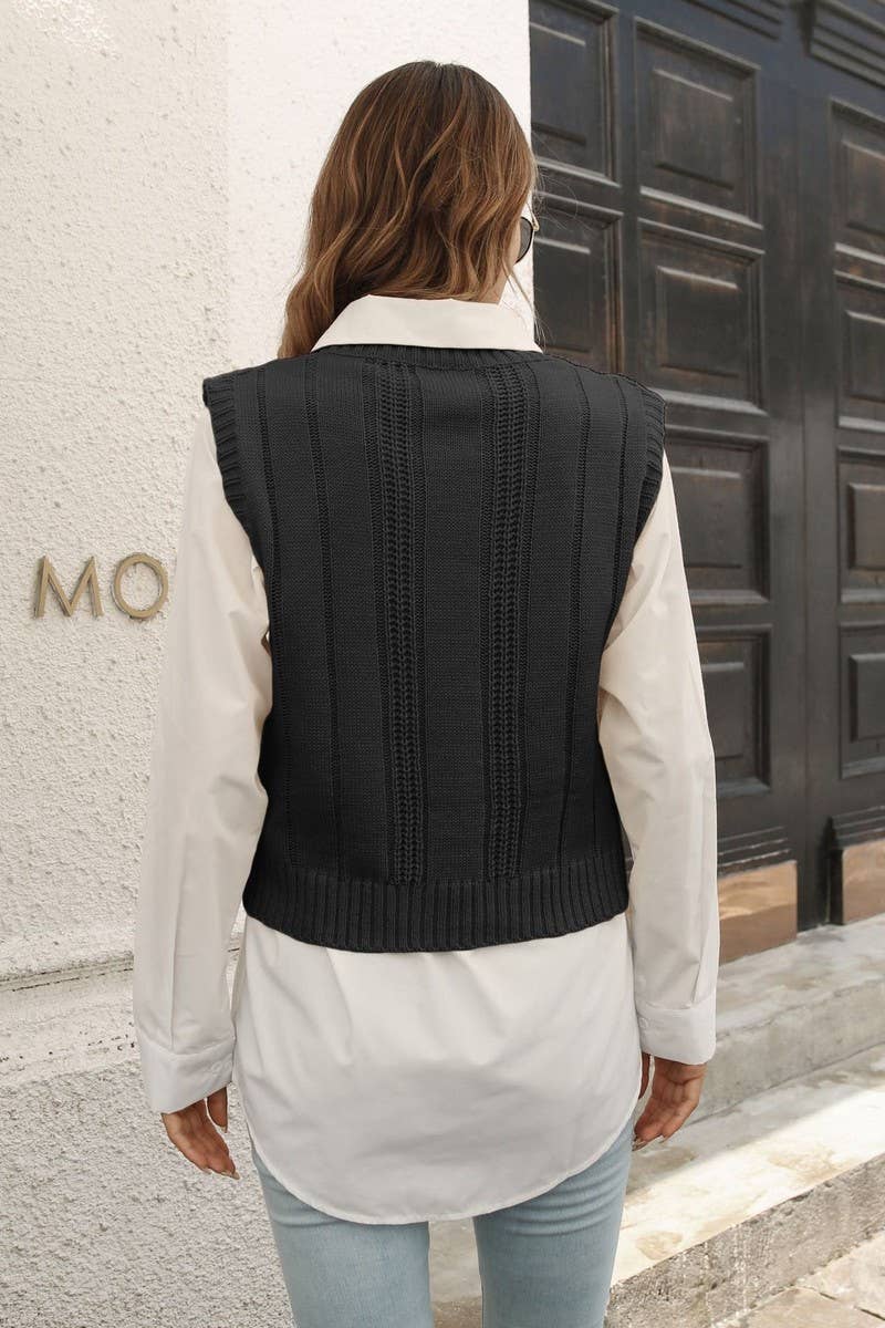 Cable Knit Sweater Vest - Black