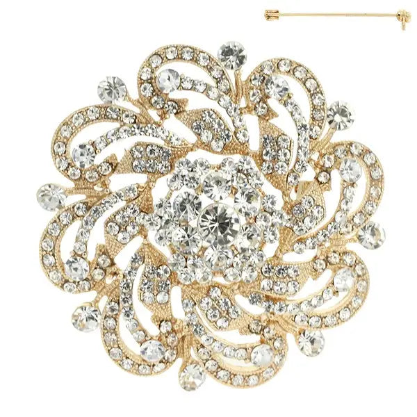 Rhinestone Flower Brooch - Gold