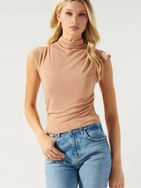 Jersey Knit Top - Cap Sleeve Camel Mock Neck