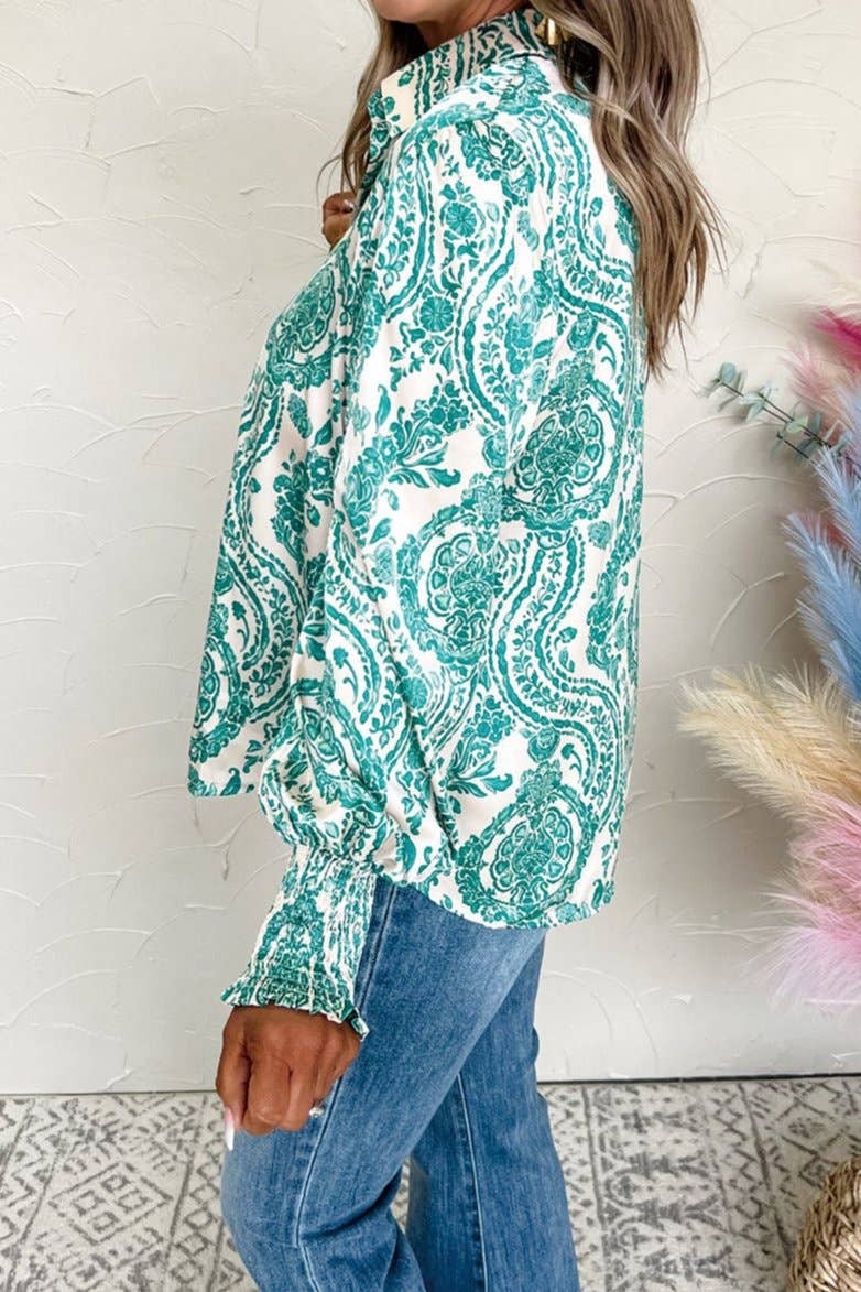 Paisley Smocked Button Up Blouse