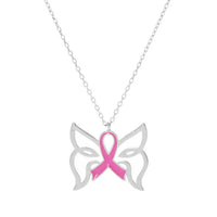 Breast Cancer Butterfly Ribbon Necklace - Silver