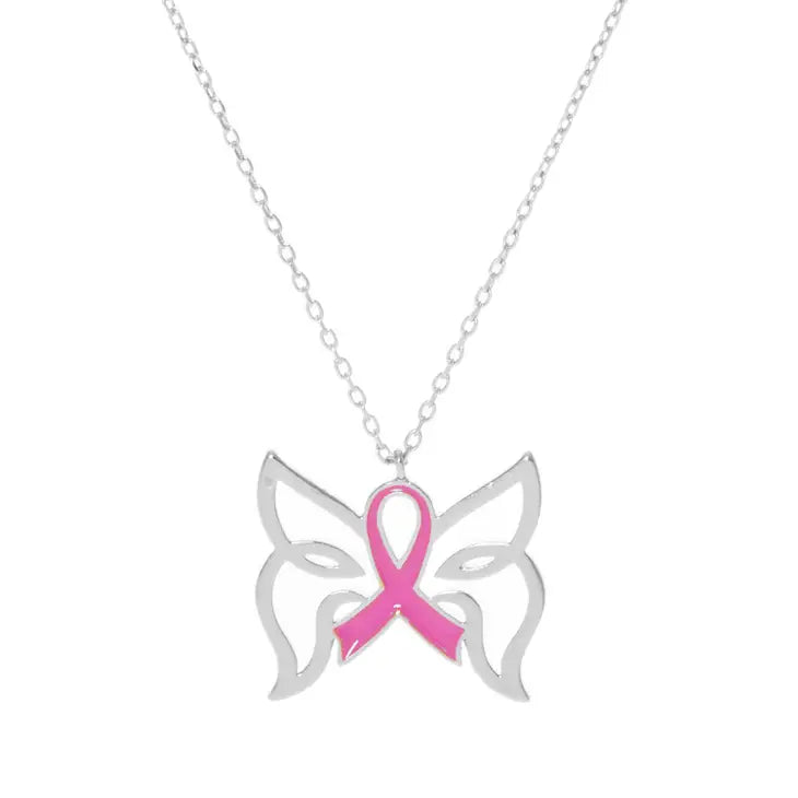 Breast Cancer Butterfly Ribbon Necklace - Silver