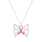 Breast Cancer Butterfly Ribbon Necklace - Silver