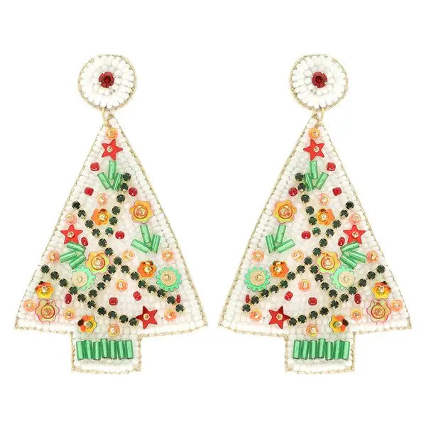 Christmas Tree Beaded Earrings - White Floral