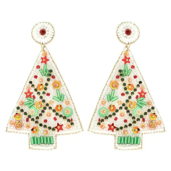 Christmas Tree Beaded Earrings - White Floral