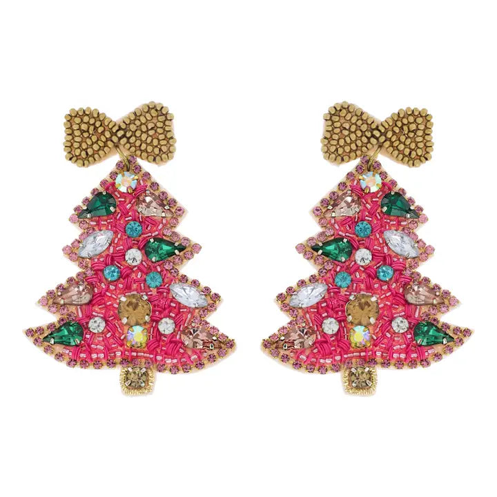 Christmas Tree Beaded Earrings - Pink