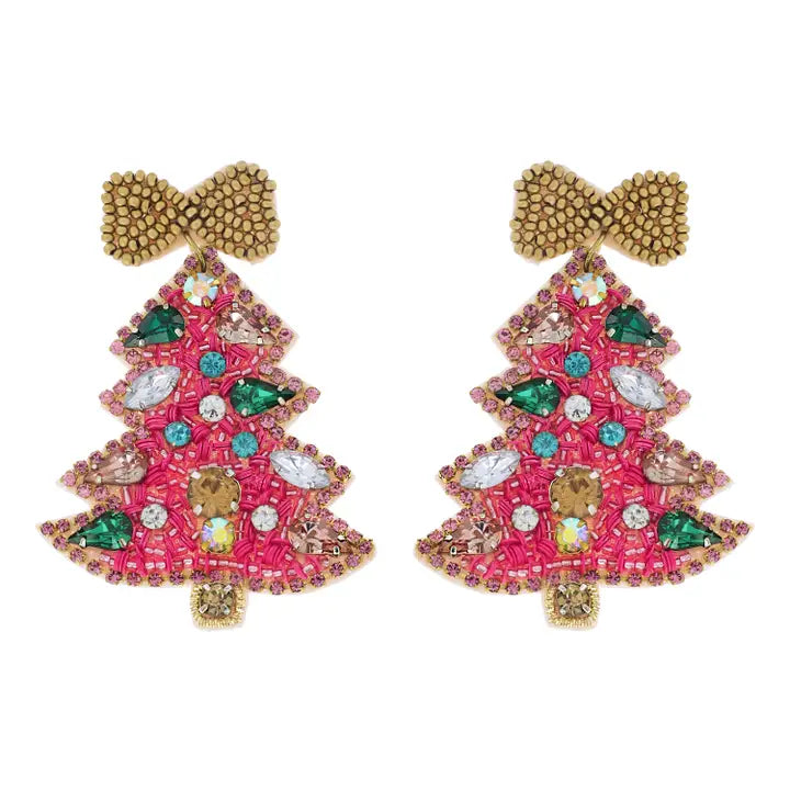 Christmas Tree Beaded Earrings - Pink